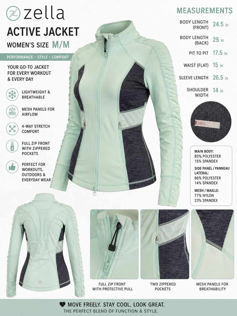 Zella Mint & Charcoal Lightweight Active Jacket - Full Zip